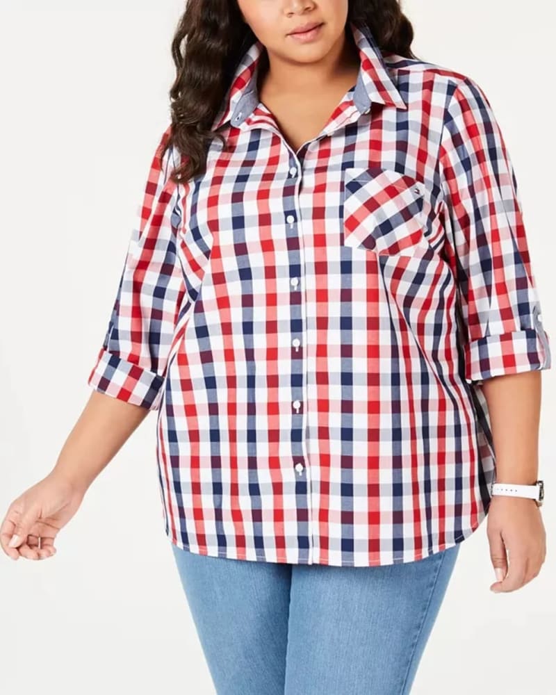 Front of a model wearing a size 0X Tommy Hilfiger Women's Plus Size Galleon Gingham Button-Up Shirt Red Size 0X in Red by Tommy Hilfiger. | dia_product_style_image_id:313741